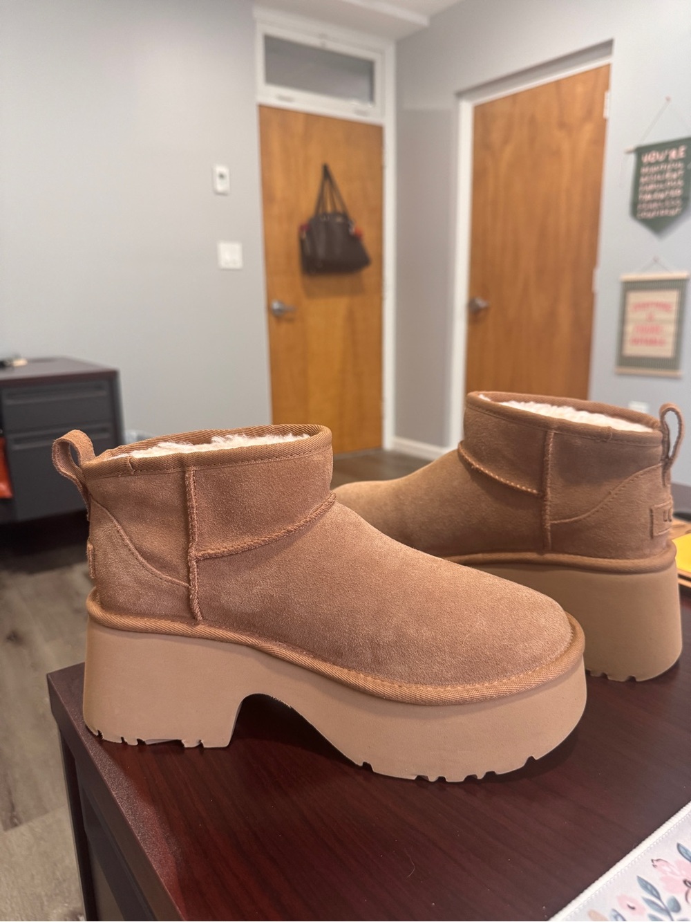 UGG Tan Platform Shearling Ankle Booties